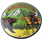 Vintage Winchester Porcelain Sign - Hunting Advertisement Cowboy and Bear Sign