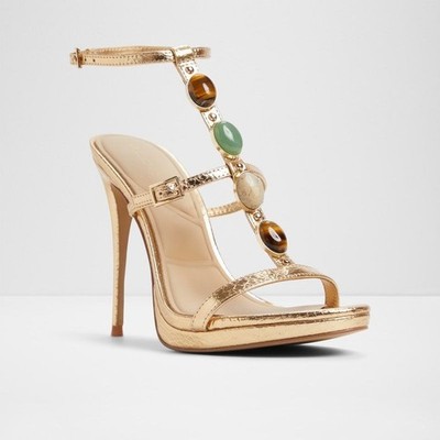 Aldo Opalia Stone Embellished T-Strap Sandals 6.5 Gold Metallic Stiletto Luxury
