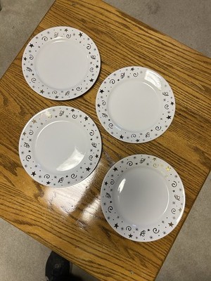 Pampered Chef 8 Inch Dessert Plate #1996 Set of 4 White Gold Celebration