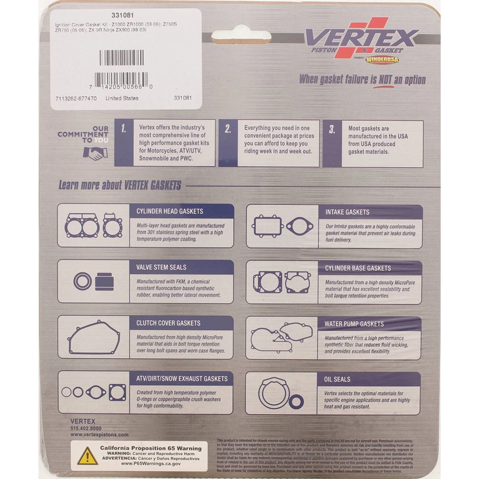 Vertex Ignition Cover Gasket Kit 331081 for Kawasaki ZR 7 S (ZR 750K) Foto 3 de 3