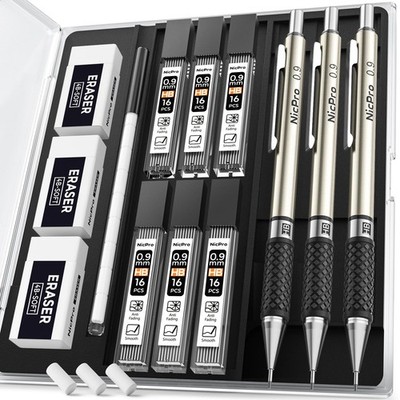 Nicpro 0.9 mm Art Mechanical Pencil Set in Storage Case, 3 0.9mm, Metallic 
