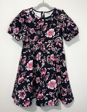 Janie And Jack Girls Dress 8 Cotton Black Pink White Floral Short Puff Sleeve