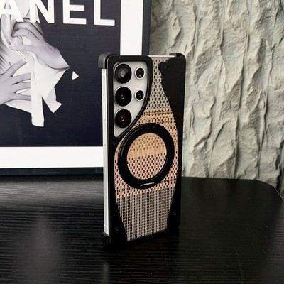 Gold Silk Texture Metal Rimless Stand Case For Samsung Galaxy S25 S24 S23 Ultra