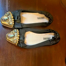 MIU MIU Bejeweled Women Leather Slip On Skimmer Ballet Flat Shoes Sz 38