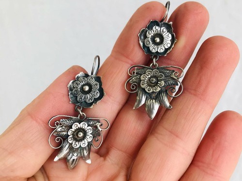 Mazahua Squash Blossom Earrings. Sterling Silver. Mexico. Frida Kahlo - Picture 2 of 5