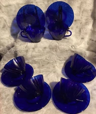 6 Vintage Cups & Saucers Colbalt Blue Duralex Vereco Set Swirl Design France