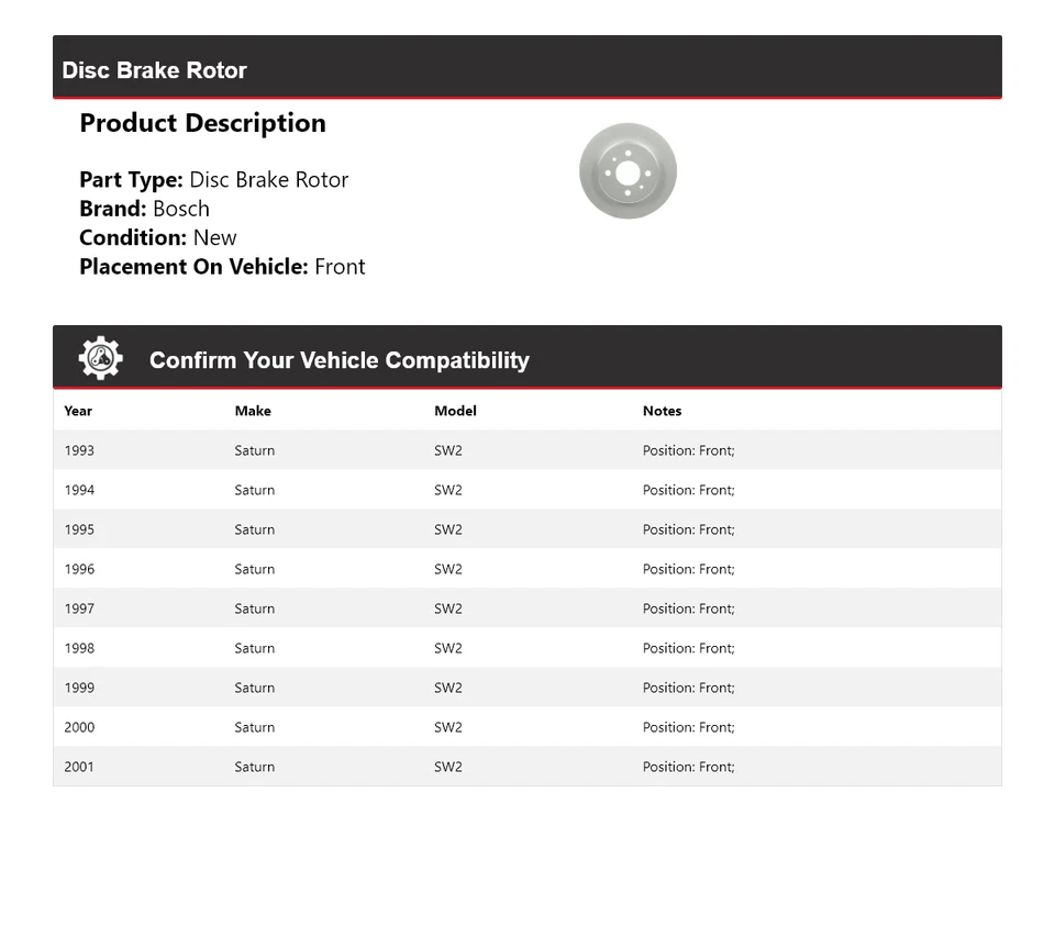 Rotor de freno de disco delantero para Saturn SW2 1993-2001 Bosch QuietCast 1994 1995 1996 Foto 2 de 4