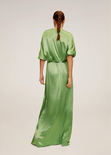 NEW MNG Mango Satin Green Long Formal Maxi V-Neck 3/4 Sleeve Minimalist Dress 6 - Picture 2 of 11