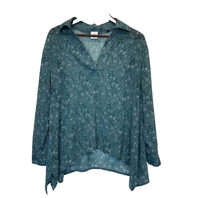 CABI XS Top Sheer Floral Teal Green Long Sleeve Oversized Relaxed 3761 Blouse
