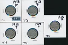 BUFFALO NICKEL -  1913-P - TYPE 1 - CLEAR DATES - 5 COINS - #6230