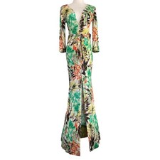 Symphony Dress Womens Medium Floral Print 3/4 Sleeve Hi Slit V Neck Tie Belt New