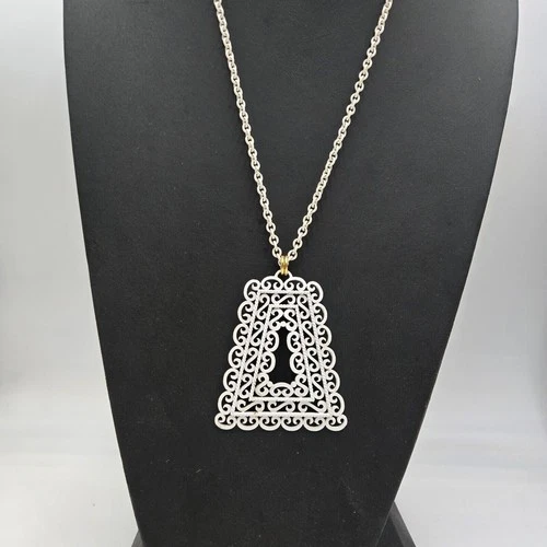 Vintage 60s Crown Trifari Signed Gold Tone White Enamel Large Pendant Necklace