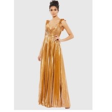 Mac Duggal Metallic Gold Ruffle-Shoulder Maxi Dress 26609 Size 4 MSRP $498