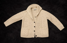 Vintage Irish Aran Fisherman Cardigan   Round Tower   Handknit Wool Shawl Collar
