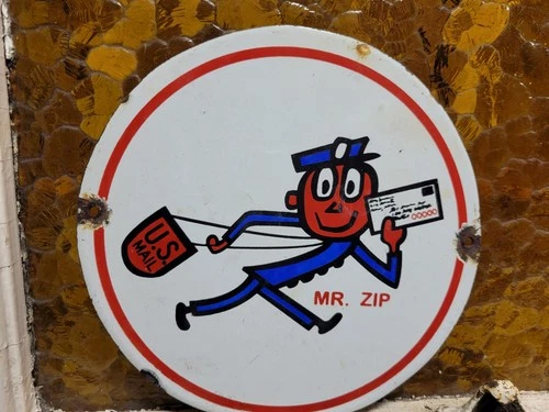 VINTAGE MR ZIP PORCELAIN SIGN OLD US MAIL POSTAL CARRIER MAILMAN CARTOON MASCOT