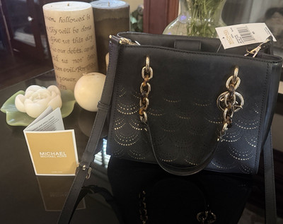 Michael Kors Black Satchel Tote Bag Gold Chain Perforated Cross-Body Strap Women