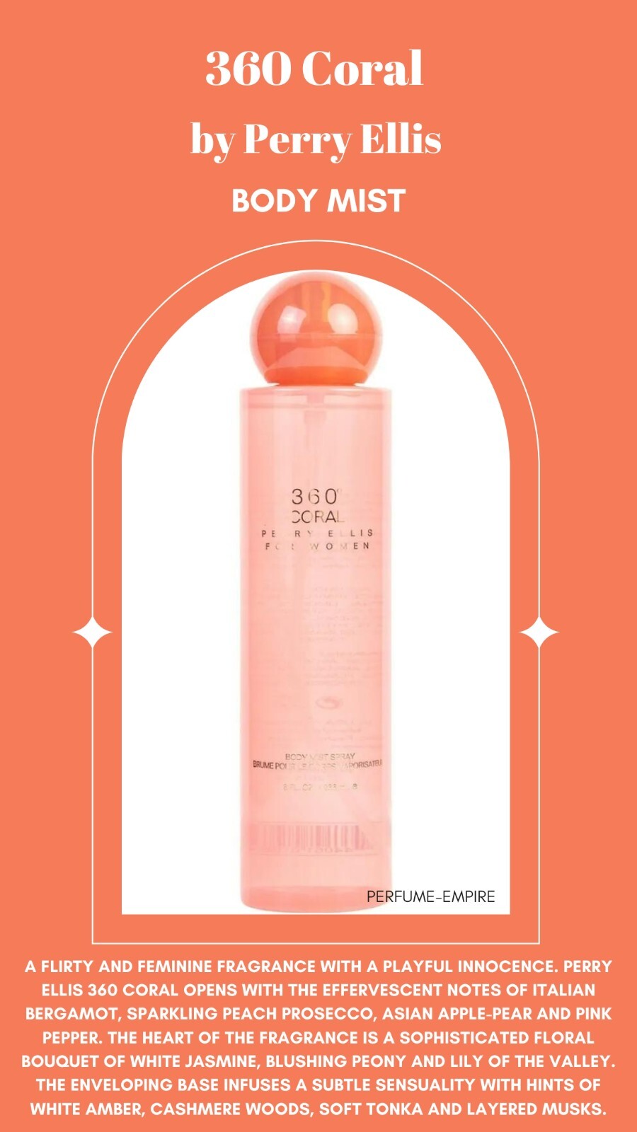 360 Coral by Perry Ellis Body Mist for Women 8 oz New
