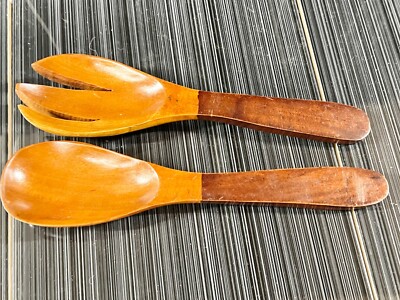 MID CENTURY MODERN HOLZ SALATBESTECK GABEL LÖFFEL SET GESCHNITZT SERVIERBESTECK