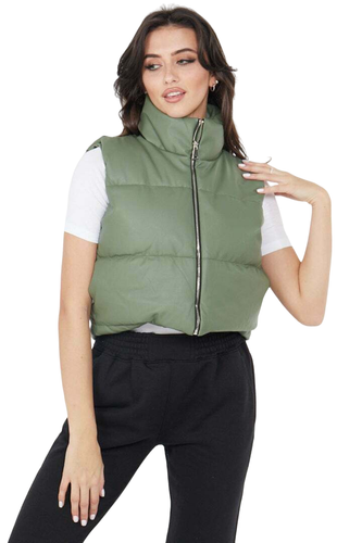 Womens Sleeveless Faux Leather Cropped Padded Gilet Jacket Quilted Waistcoat - Picture 23 of 27