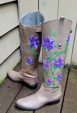 Leather Hand Painted Purple Green Flower Sam Edelman Riding Boots 8.5 Gray 38.5