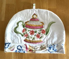 Green Pink Floral Tea Cozy Appliqued Tea Pot Matching Ban 12" x 9.5" White Lined