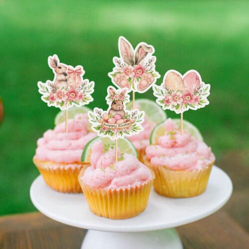 24 Pack Happy Easter Bunny Ear Cupcake Toppers Picks Rabbit Egg Cupcake for East - Picture 3 of 4