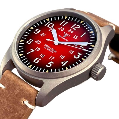 New Sandwich Dial Red Titanium Watch Men NH35 Automatic 200m Waterproof Leather