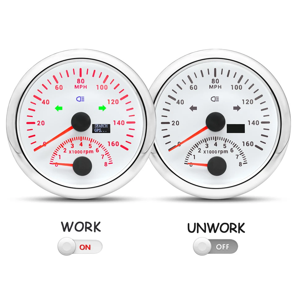 2 Gauge Set 85mm White GPS Speedometer 160MPH W/Tacho/Fuel/Temp/Oil/Volt Gauge  - Image 3 of 4