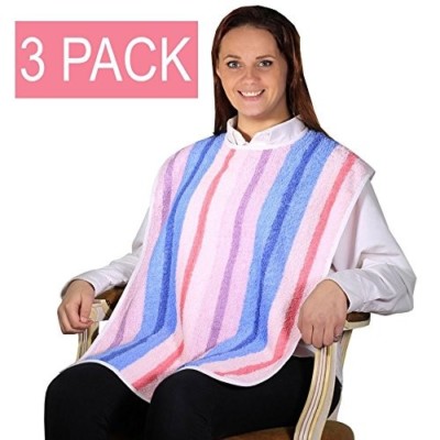 3 Pack Clothing Protector Terry Cloth Senior Adult Bibs w/Hook&Loop Closure.