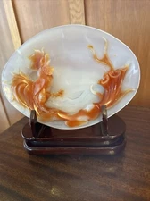 A Chinese Agate Stone Carving On an Oval Plate Amber Rooster Zodiac. With Stand