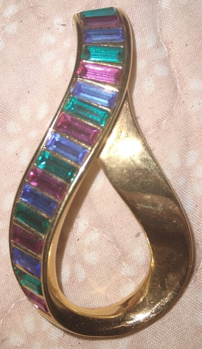 VTG Swan Sign Swarovski Crystal Gold Tone Multi-Color Ribbon Baguette Brooch Pin