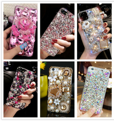 For Moto Phones Glitter 3D Sparkle Gem Flower Diamonds Handmade Bling Back Case