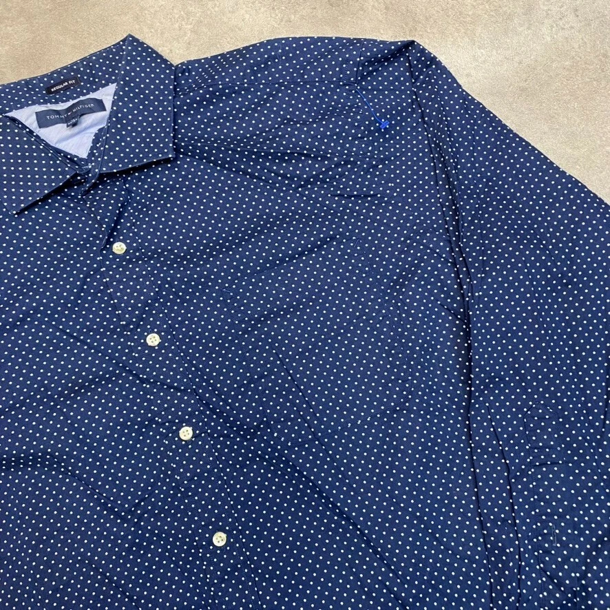 Tommy Hilfiger Shirt Mens XL Y2K Long Sleeve Button Up Polka Dot Top, Blue - Image 2 of 4