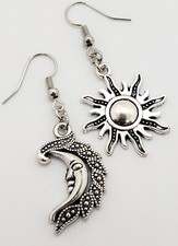 Celestial Jewelry Silver Sun  Moon Mismatch Asymmetric Dangle Earrings