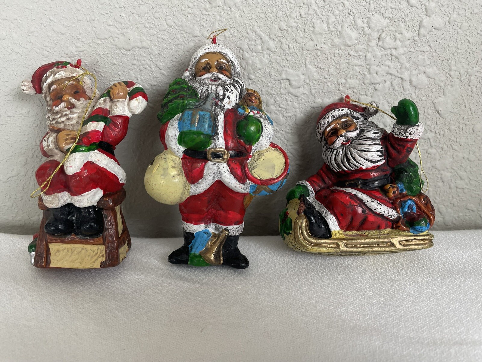 Vintage Santa Claus Mini Blow Mold Christmas Tree Ornaments Sleigh Set