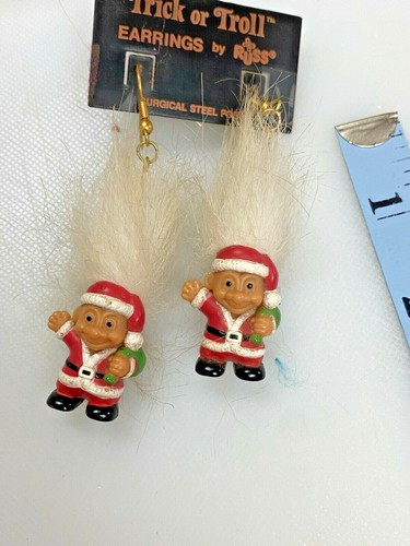 Troll Santa Earrings Crafting Items Vintage Decor 1' with White Hair Stand ups - Picture 3 of 3