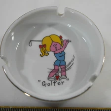 Small Golfer Ashtray / Ladies Porcelain Gild Humorous Cartoon Cigarette Rest