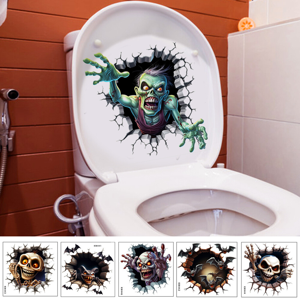 Spooky Halloween Skeleton Toilet Stickers for Home Decor  