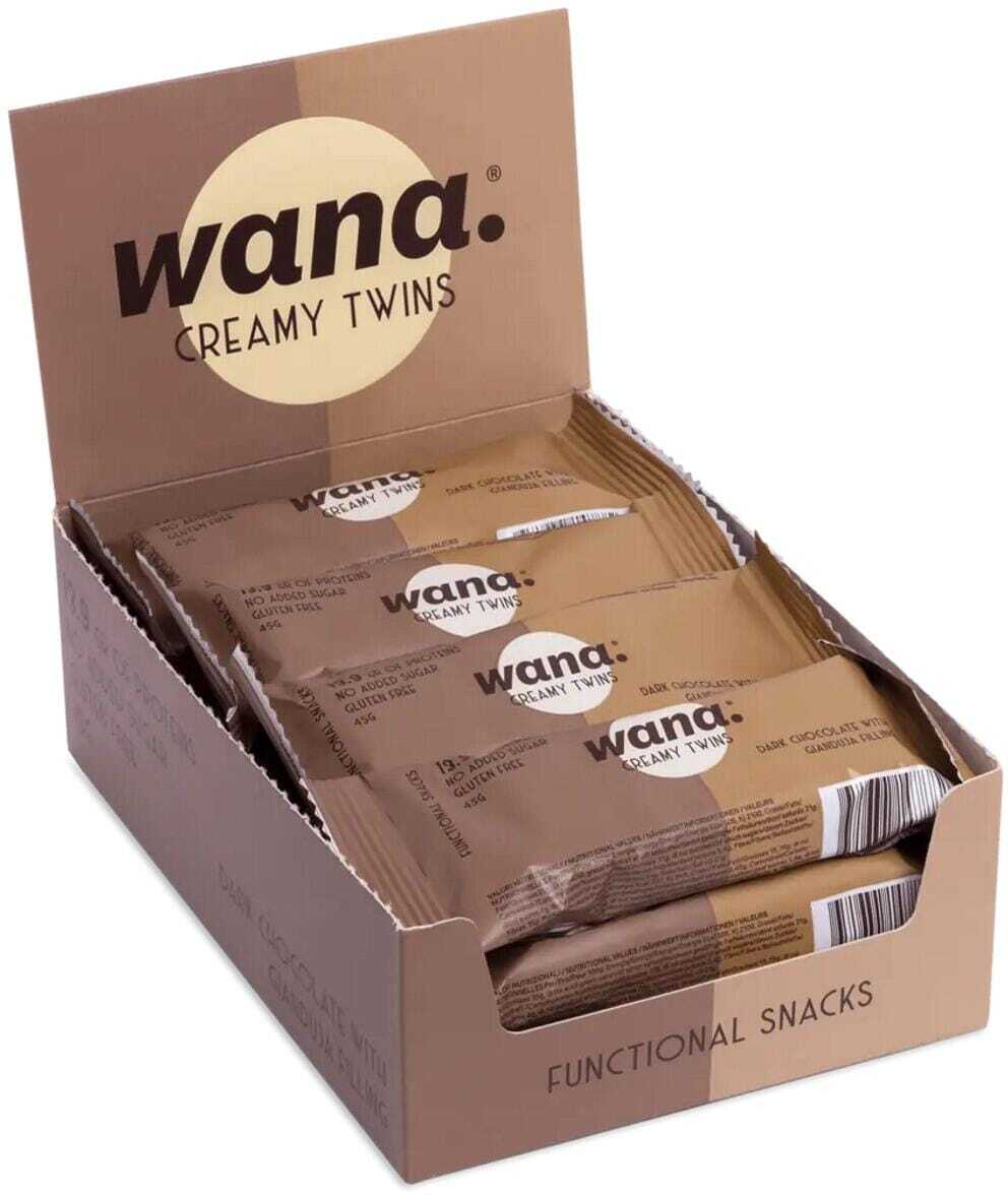 Wana Creamy Twins Proteinriegel, 12 x 45 g Riegel, Dark Chocolate & Gianduja Fil