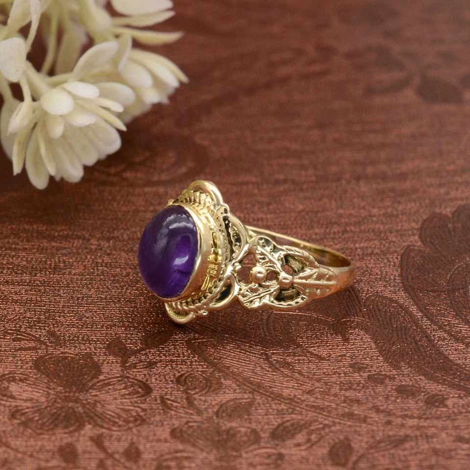 Anillo de Amatista Latón Oro Mujer Anillo Promesa Anillo de Compromiso Hecho a Mano Regalo para Ella Foto 2 de 4