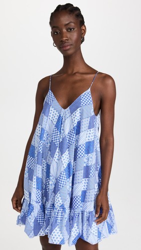 $350 NEW Caroline Constas Laurel Dress Blue Patchwork White Ruffle Hem Cotton M - Bild 2 von 9