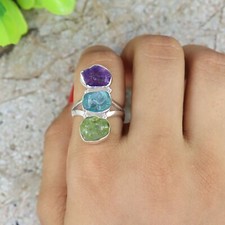 Raw Amethyst 925 Sterling Silver Three Stone Bohemian Uncut Stone Crystal Ring
