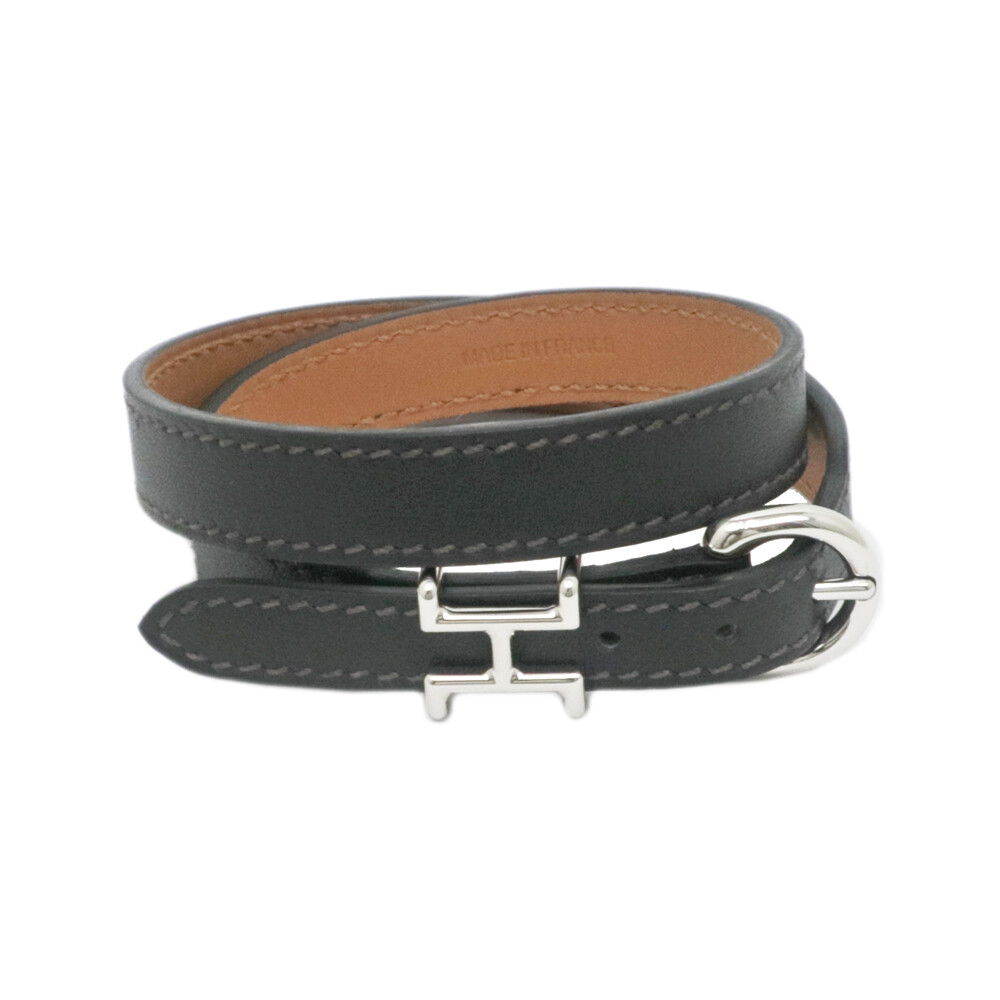HERMES ブラックレザー ラップブレスレット HERMES Wrap Bracelet Black Leather Silver Hardware H Motif Size T5
