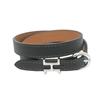 HERMES Wrap Bracelet Black Leather Silver Hardware H Motif Size T5
