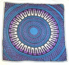 Vintage 1960s 1970s Geometric Medallion Silk Blend Scarf Blue Purple Black