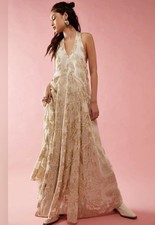 Free People Holding On Convertible Maxi Dress BHLDN Halter Silk Gold Brocade XS