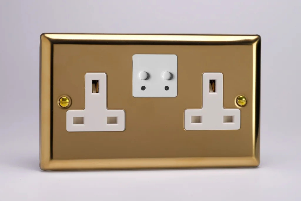 13A Socket Brass Smart Sockets 2-Gang 1 Pole Classic Victorian + White Insert