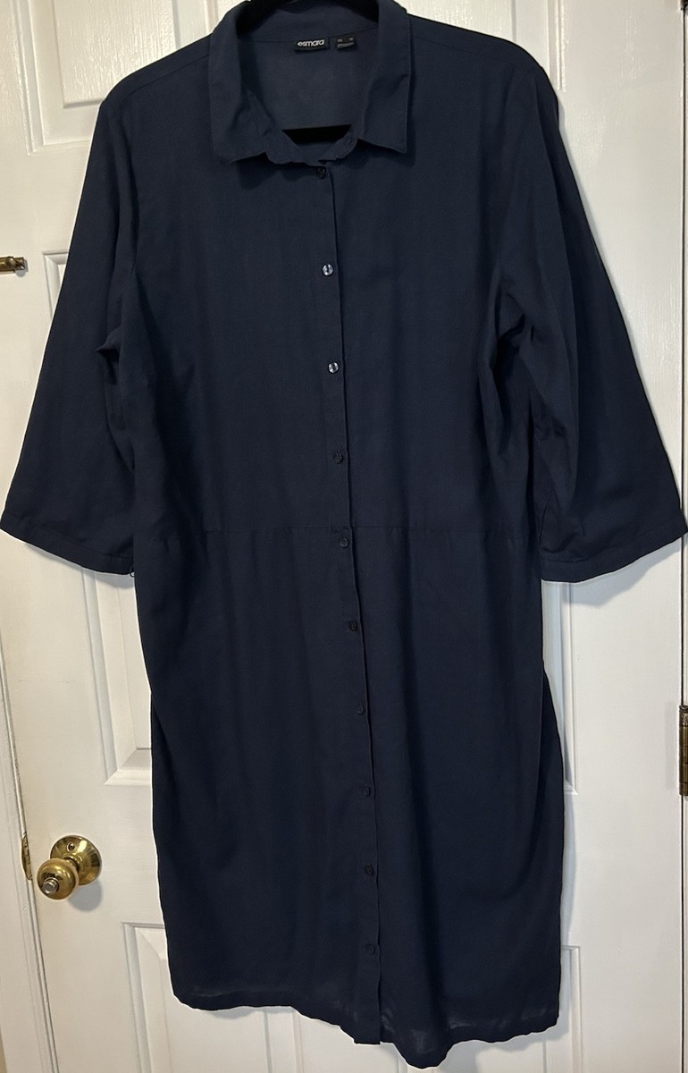 Esmara Womens 16 Navy Blue Linen Blend Dress 3/4 Sleeve Knee Length Button  Front