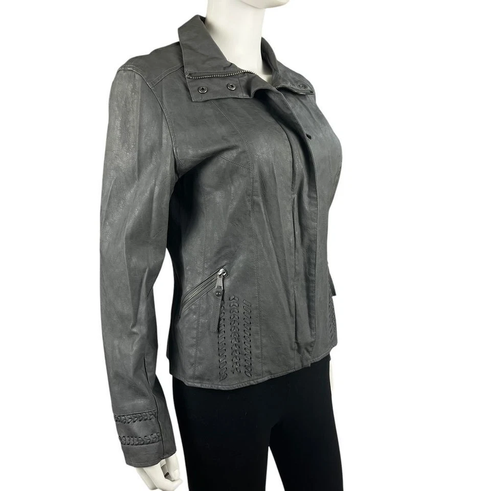 Chaqueta Kut From The Kloth Mujer M Gris Imitación Cuero Moto Estilo Cremallera Frontal Foto 4 de 4