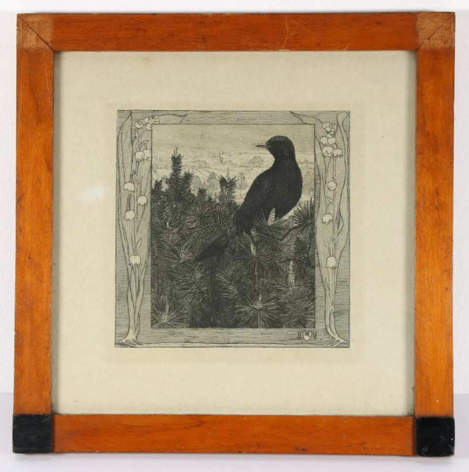 HEINRICH VOGELER Tannenzweige mit Amsel Jugendstil Radierung art nouveau etching - Bild 2 von 4